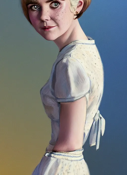 Image similar to portrait of kiernan shipka with freckles, white hair, big 1 9 6 0 s bob hairstyle with bangs and hairband, blue 1 9 6 0 s dress, intricate, elegant, glowing lights, highly detailed, digital painting, artstation, concept art, smooth, sharp focus, illustration, art by wlop, mars ravelo and greg rutkowski