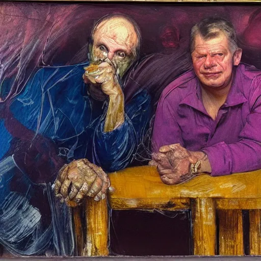 Prompt: high quality high detail expressionist painting of two men at a bar by nicola samori and lucian freud and jenny saville and norman rockwell and francis bacon and edvard munch, hd, anxiety, turquoise and purple and orange and pink