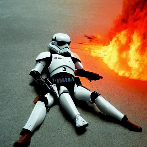 Prompt: an extreme long shot studio photo of a clone trooper lying down placid on the ground of geonosis, hit by blaster fire, around him hell broke loose, pulitzer prize - winning, high - resolution, in the style of robert capa