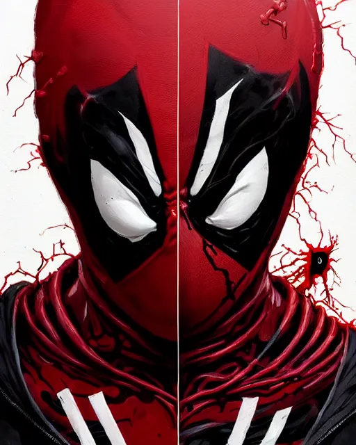 Prompt: highly detailed closeup portrait of a mutated carnage symbiote in deadpool suit with carnages face, wearing black hoodie by atey ghailan, by greg rutkowski, by greg tocchini, by james gilleard, by joe fenton, by kaethe butcher, red, black, crimson and white color scheme, grunge!! graffiti tag wall