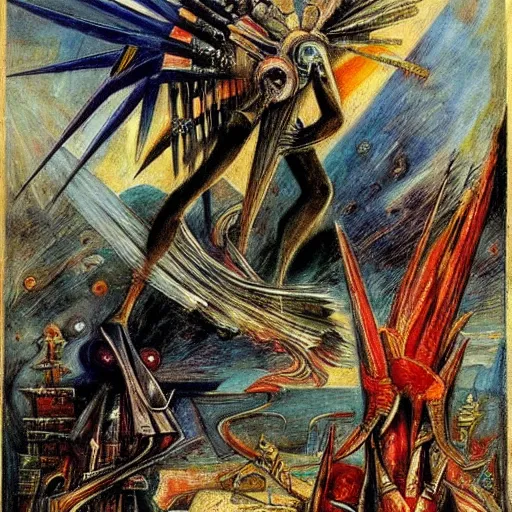 Image similar to by gustave moreau, by wifredo lam unnerving, comforting. a beautiful illustration of a space battle with wild, bright colors.