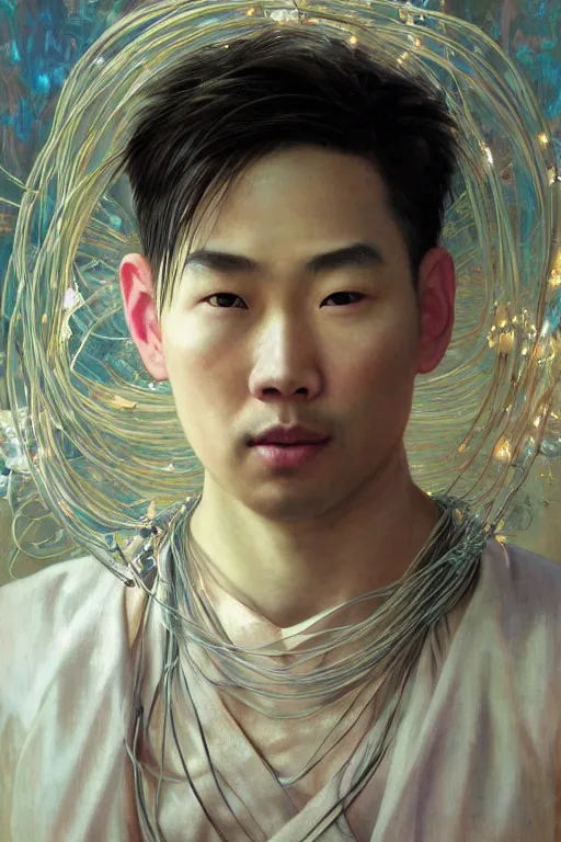 Prompt: hyperrealist portrait of an attractive angelic asian man, it is decorated with long wires that fall like vines and wears small computers over their body. by jeremy mann and alphonse mucha, fantasy art, photo realistic, dynamic lighting, artstation, poster, volumetric lighting, very detailed faces, 4 k, award winning