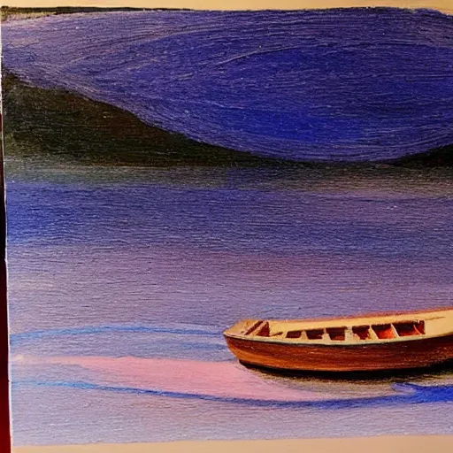 Image similar to a small boat under a moonlit sky with shimmering water. beautiful use of light and shadow to create a sense of depth and movement. using energetic brushwork and a limited color palette, providing a distinctive look and expressive quality in a rhythmic composition