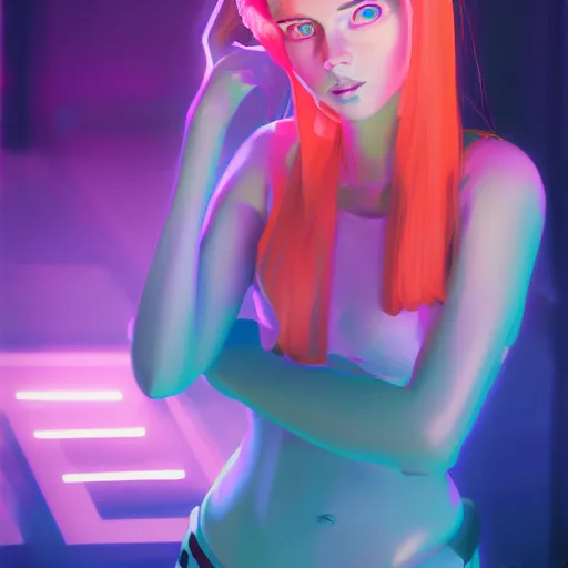 Image similar to portrait of a cute young woman with robot ears and eyes, 4k, sharp focus, neon colored fluorescent lighting, Andreas Rocha