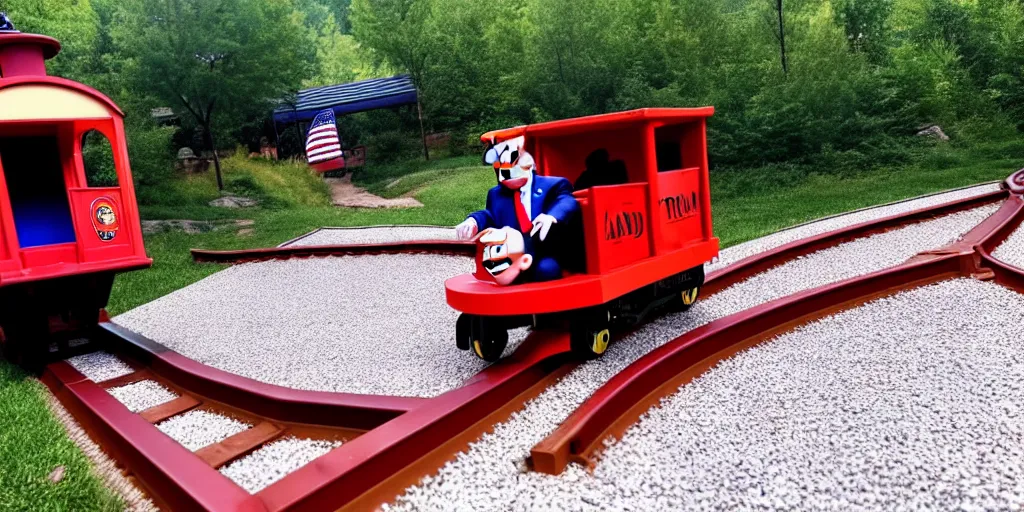 Image similar to Photo of Donald J. Trump tumbling off of a kiddy train into gravel, screaming, taken in Silver Dollar City 2020