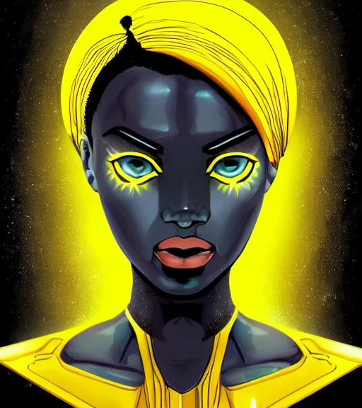 Image similar to a digital painting of a black female android with futuristic hair and yellow make-up, a comic book panel by Craig Thompson, behance contest winner, afrofuturism, marvel comics, official art, artstation hq