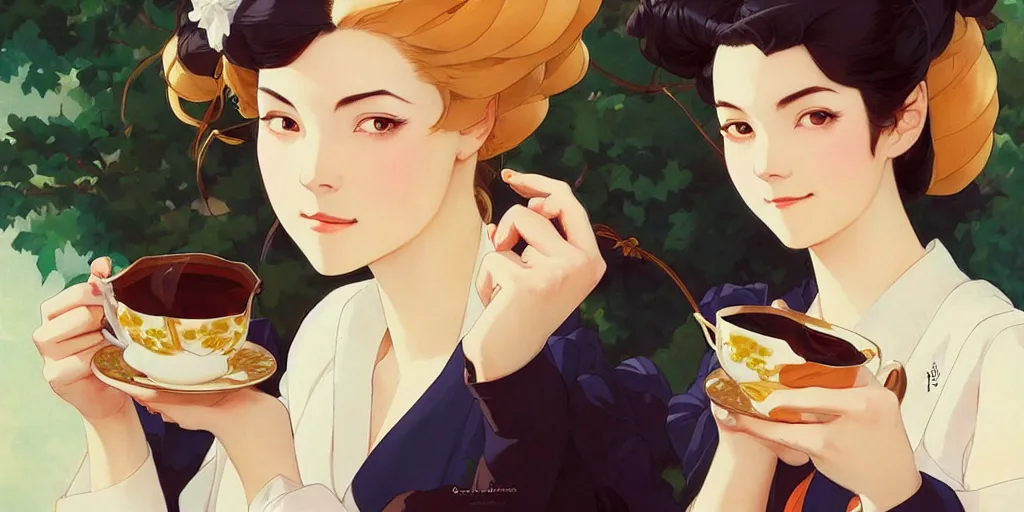 Image similar to attractive female drinking tea, in the style of studio ghibli, j. c. leyendecker, greg rutkowski, artgerm