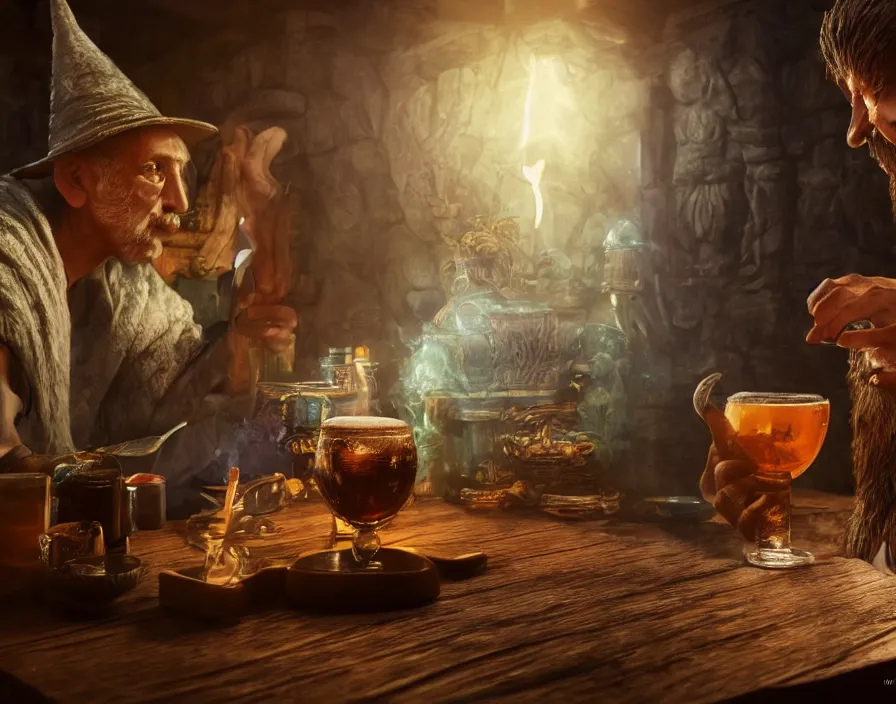 Image similar to old sage wizard drink beer from wooden cup in fantasy tavern, beautiful texture, beautiful graphics, fantasy artwork, very beautiful scenery, hd, hdr, ue 5, ue 6, unreal engine 5, cinematic 4 k wallpaper, 8 k, ultra detailed