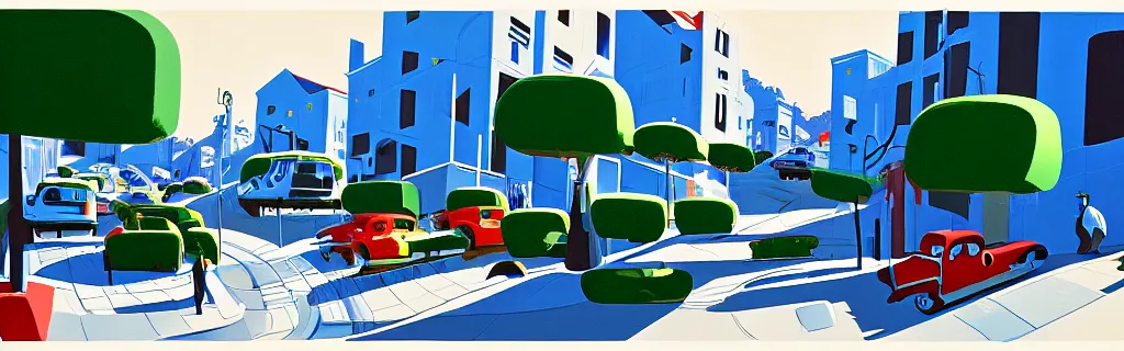 Image similar to san francisco sloped street, gouache, animated film, stylised, illustration, by eyvind earle, scott wills, genndy tartakovski, syd mead