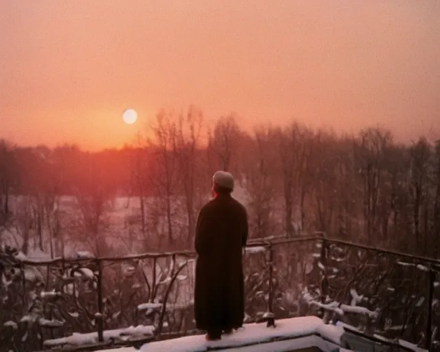 Image similar to lomographic tarkovsky film still of 4 0 years russian man with beard and sweater standing on small hrushevka 9 th floor balcony full with cigarette smoke in winter taiga looking at sunset, cinestill, bokeh