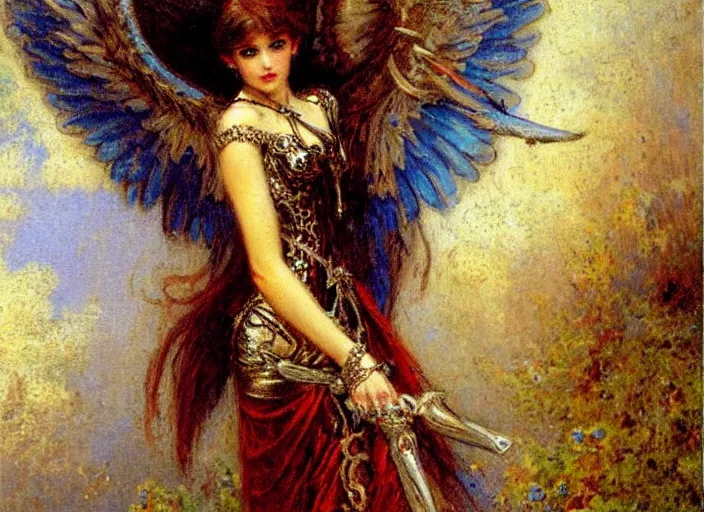 Image similar to horizontal prtrait of an angel knight gothic girl, baroque dress. by gaston bussiere