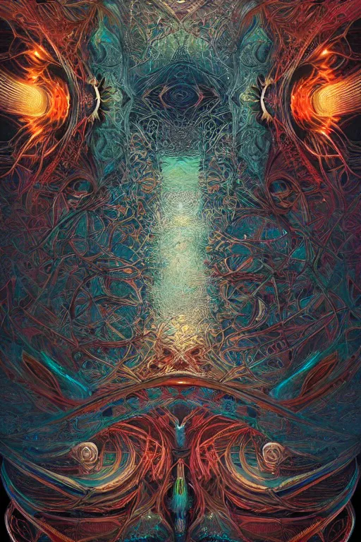 Image similar to a symmetrical fever dream by android jones, ornate border, trending on artstation