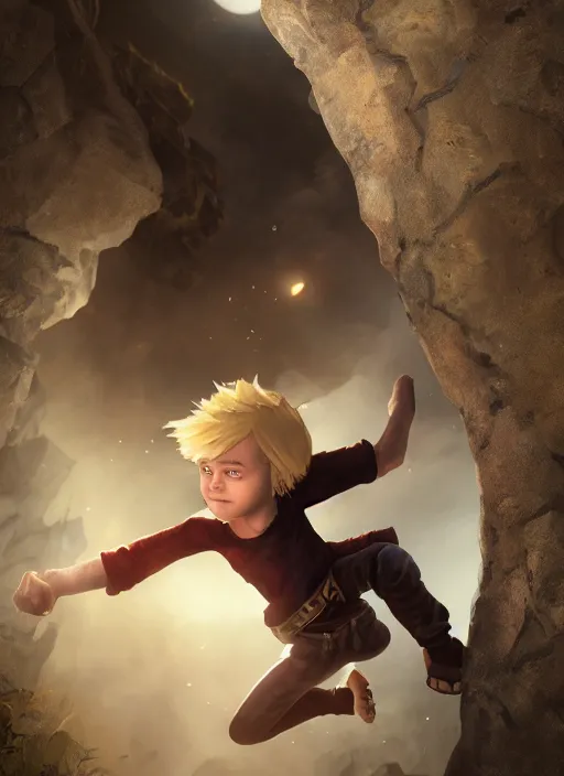 Image similar to An epic fantasy comic book style portrait painting of a young blonde boy thief climbing out of a hole, unreal 5, DAZ, hyperrealistic, octane render, cosplay, RPG portrait, dynamic lighting