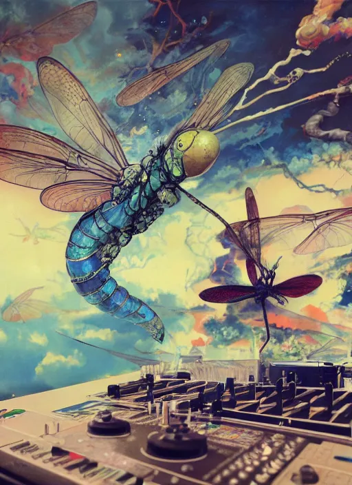 Image similar to surreal gouache painting, by yoshitaka amano, by ruan jia, by Conrad roset, by good smile company, detailed anime 3d render of a magical Dragonfly flying on a DJ Mixer, Vinyl deck, controller , portrait, cgsociety, artstation, rococo mechanical and Digtanl and electronic, dieselpunk atmosphere