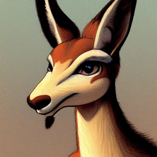 Image similar to a portrait of an anthropomorphic gazelle, furry fursona, in the style of william - adolphe bouguereau and hayao miyazaki and masamune shirow