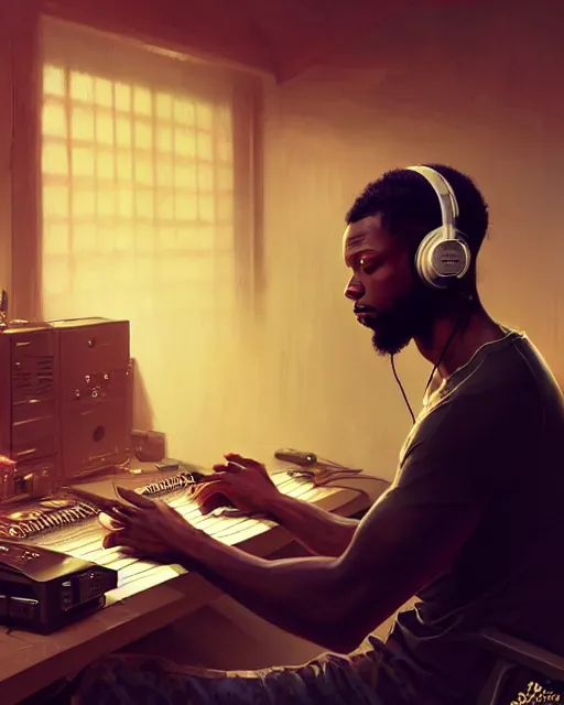 Image similar to light skin black man with headphones at his home studio producing music late at night, very detailed, 4 k, concept art like ernest khalimov, intricate details, highly detailed by greg rutkowski, ilya kuvshinov, gaston bussiere, craig mullins, simon bisley