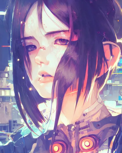 Image similar to kyoto animation, cool lady wearing cyberpunk intricate streetwear, beautiful, detailed portrait, cell shaded, 4 k, concept art, by wlop, ilya kuvshinov, artgerm, krenz cushart, greg rutkowski, pixiv. cinematic dramatic atmosphere, sharp focus, volumetric lighting, cinematic lighting, studio quality