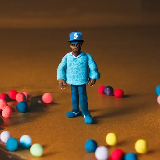 Image similar to a cinematic film still of a claymation stop motion film starring chance the rapper as a college student, shallow depth of field, 8 0 mm, f 1. 8