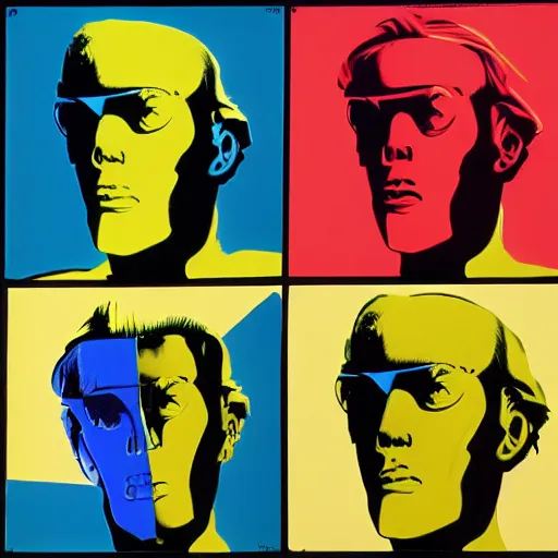 Image similar to cyborgs, panels, primary colors, cyborgs lithography, cyborgs by warhol, cyborgs in the style of andy warhol