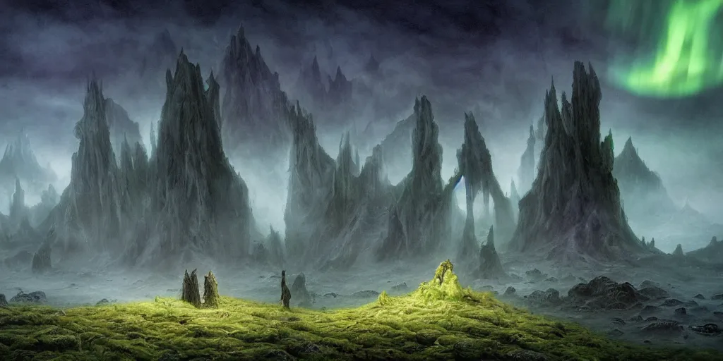 Image similar to evil eldritch lovecraftian scenery landscape, lord of the rings, aurora borealis, mist, monoliths, tentacles, fungal growths, moss highly detailed, bleak color, perfect lighting, perfect composition, 8 k, brian froud, artgerm, derek zabrocki, greg rutkowski