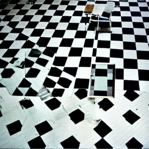 Image similar to 3 5 mm film photography by stanley kubrick, award winnin photo of an old room with checker floor and with a singular cloud floating inside it