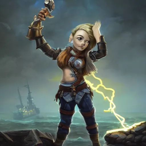 Image similar to full body portrait of a scrappy female gnome engineer with pixie undercut hair, throwing lightning from a metal gauntlet, standing on a ship deck, thunder fantasy magic, naval background, D&D, highly detailed, digital painting, HD, trending on ArtStation, dark fantasy, great composition, concept art, matte, sharp focus, illustration, by Greg Rutkowski