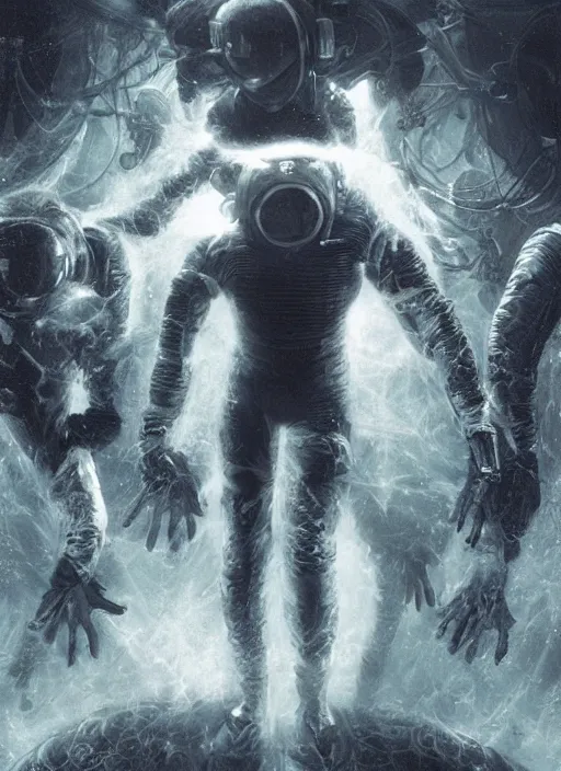 Image similar to astronauts in dark void underwater - complex and hyperdetailed technical suit. reflection and dispersion materials. rays and dispersion of light. volumetric light. f / 3 2. noise film photo. flash photography. ultra realistic, wide angle. poster by wayne barlowe, hajime sorayama aaron horkey, craig mullins