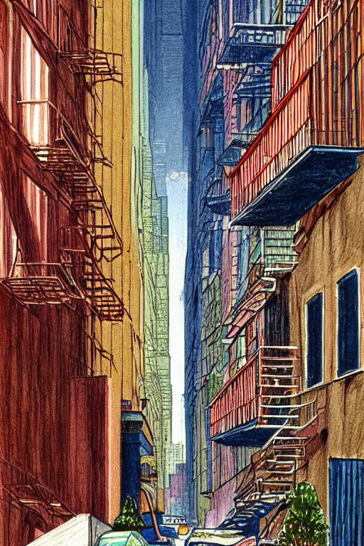 Image similar to a 2D drawing of an alley in New York in 1980s, colorful and beautiful by hiroshi yoshida