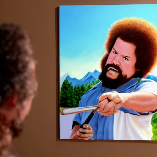 Image similar to a closeup photorealistic photograph of bob ross painting an image of kenny powers pitching a baseball on a canvas. mountains and trees. film still. brightly lit scene. this 4 k hd image is trending on artstation, featured on behance, well - rendered, extra crisp, features intricate detail, epic composition and the style of unreal engine.