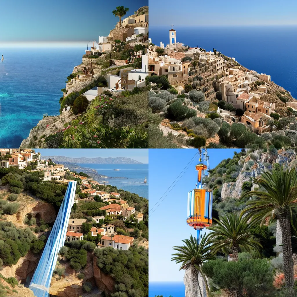 Prompt: a beautiful mediterranean landscape where hundreds of people worship a divine space elevator