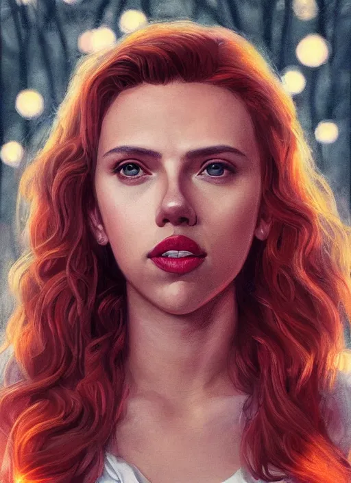 Prompt: portrait of teenage scarlett johansson, long haircut, flowing blonde curly hair, white shirt, red tie, smiling kindly, forest at background, 1 9 8 0 s, intricate, elegant, glowing lights, highly detailed, digital painting, artstation, concept art, smooth, sharp focus, illustration, art by wlop, mars ravelo and greg rutkowski