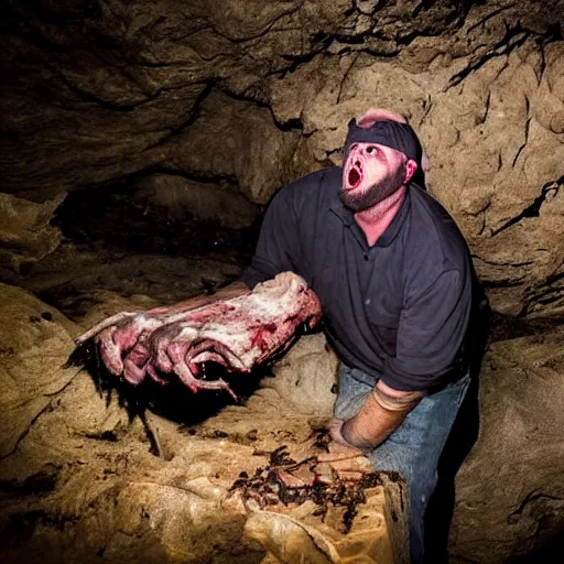 Prompt: big butcher man posing scarily, scary angry pose, cleaver, earie setting, in a dark cave, horror, hyperdetailed