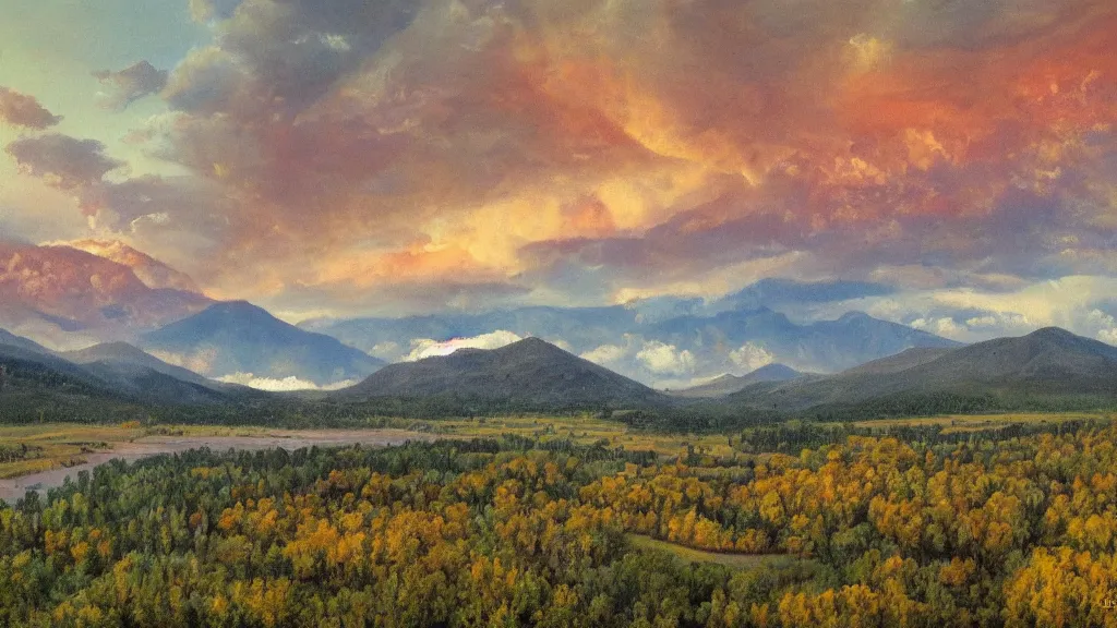 Prompt: The most beautiful panoramic landscape, oil painting, where the mountains are towering over the valley below their peaks shrouded in mist. The sun is just peeking over the horizon producing an awesome flare and the sky is ablaze with warm colors and mammatus clouds. The river is winding its way through the valley and the trees are starting to turn yellow and red, by Greg Rutkowski, aerial view