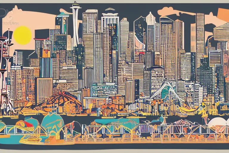 Image similar to !! vector art!! seattle in a sunny day, artwork by tooth wu, colorful contrast,!!!! very coherent!!!!, dark shadow, thick lineart