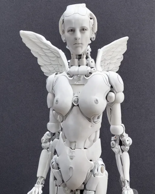 Image similar to marble sculpture of female angel with solarpunk mecha humanoid robotic parts with bright led lights, pudica pose gesture, by michelangelo, in white room, ultra - realistic and intricate, hdr 8 k