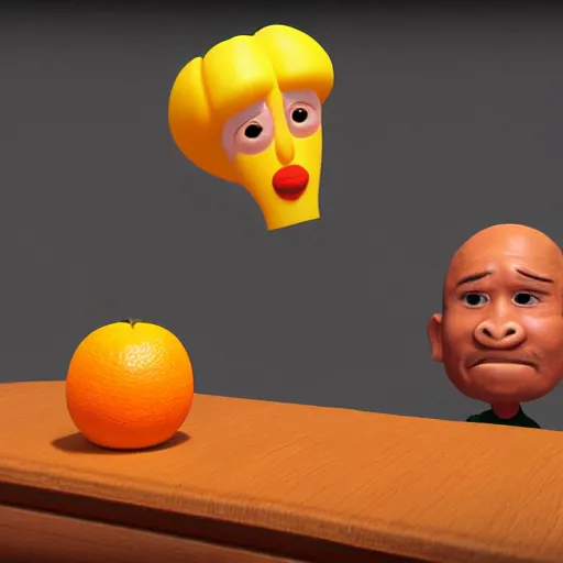 Image similar to oj simpson with orange juice head!!!!, pixar character, stage background, pixar, 3 d,