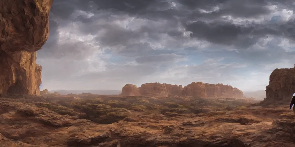 Prompt: massive panorama landscape with a small figure in the foreground wearing a cloak, desert sand landscape, tall sandstone cliffs with giant statues caved into the cliffs, bright afternoon scattered clouds, realistic, in the style of grandfailure, Tithi Luadthong, dynamic dramatic bright lighting,shadows,cinematic atmosphere,Artstation,concept design art,Octane render,8K