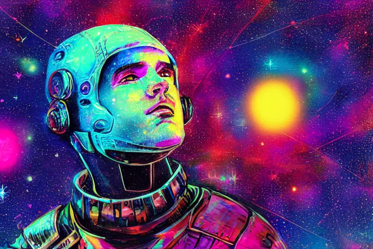 Image similar to digital art of a spiritual gladiator looking up at the stars, acrylic art, universe, painting, pastel colors, synthwave, retro, cyberpunk,