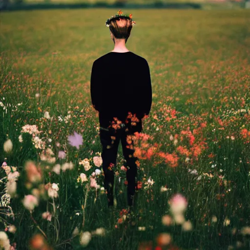 Image similar to kodak portra 4 0 0 photograph of a skinny blonde goth guy standing far back in a field of flowers, back view, flower crown, moody lighting, telephoto, 9 0 s vibe, blurry background, vaporwave colors, faded!,