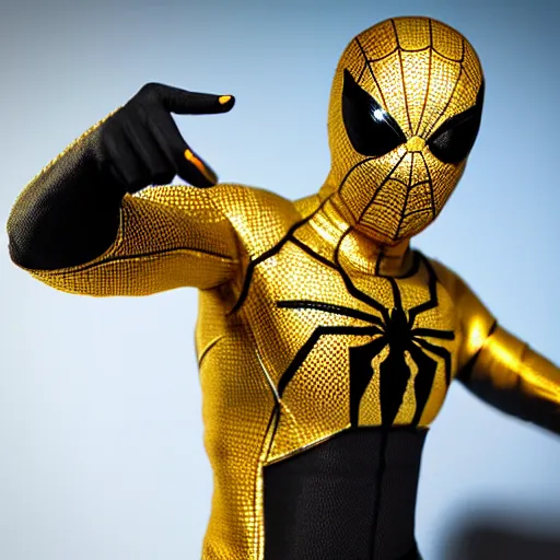 Image similar to gold spider - man suit with black web lining, cinematic, volumetric lighting, realistic, hyperdetailed, photorealistic, photograph