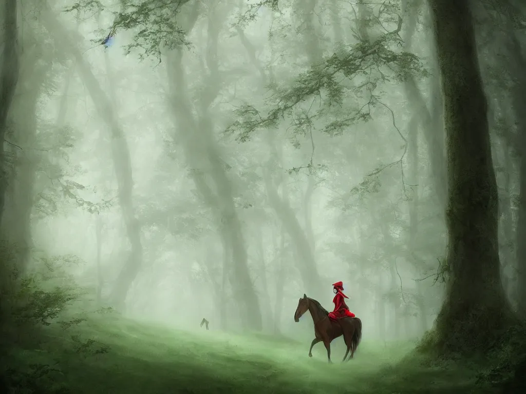 Image similar to serene green oak and beech forest, mysterious female beauty wearing a red cap slowly rides on here beautiful horse through the forest, rays of life, cinematic, fantasy art, moody evening light, foggy, trending on artstation, by esao andrews, by naoto hatori, by tyler jacobson