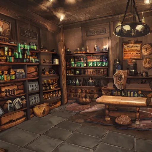 Prompt: a dungeons and dragons potion shop, 4k, trending on artstation, unreal engine, cinematic