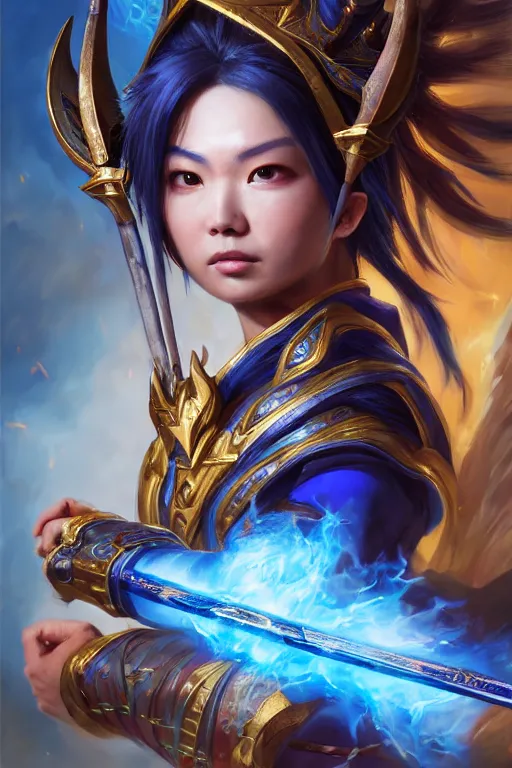 Image similar to a masterpiece portrait of nezha, legendary god holding spear, blue flame everywhere, epic pose, fantasy character portrait, closeup shot, hyper detailed, digital painting, 8 k realistic, trending on artstation, sharp focus, dof, by fenghua zhong, artgerm, ne zha from smite, tsuyoshi nagano, raymond swanland