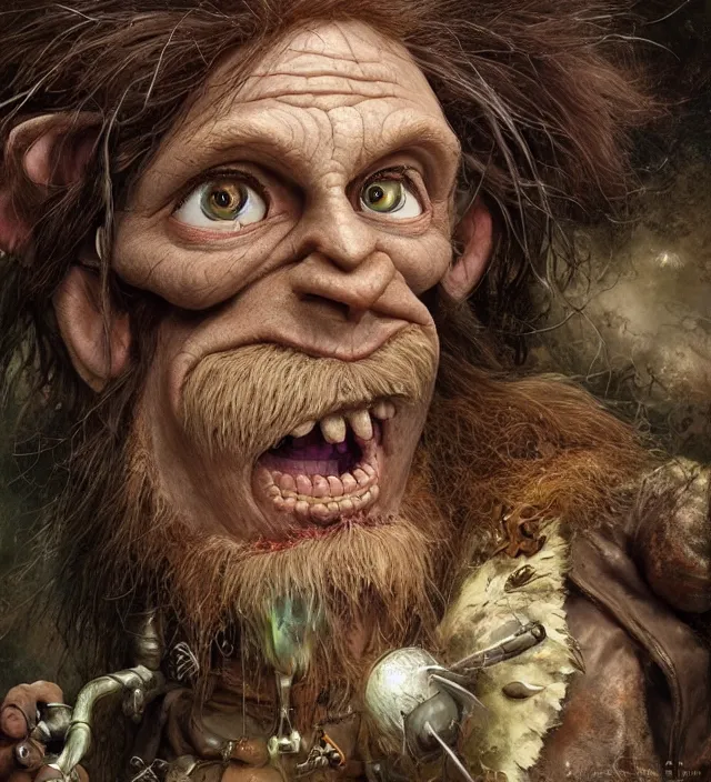 Prompt: hyper realistic portrait of postapocalyptic hairy muppet show elf goblin wizard glass beads clay amulets cinematic symmetric dark _ crystal, artstation brian froud, alan lee, jean baptiste monge, scott radke