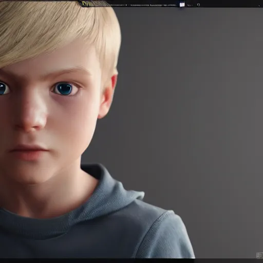 Image similar to a detailed full body of boy with blonde hair and blue eyes, unreal engine 5 rendered, incredibly highly detailed and realistic, 8 k, sharp focus, studio quality