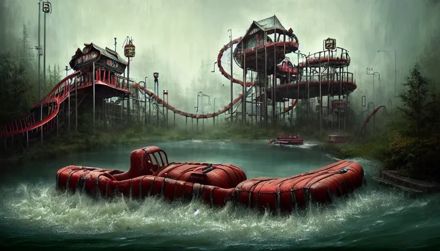 Image similar to michal karcz grunge painting of an amusement park, monster and horror theme. Monster-themed Grizzly River Run. A raft is spinning very fast. A detailed, elegant, intricate, 4k,