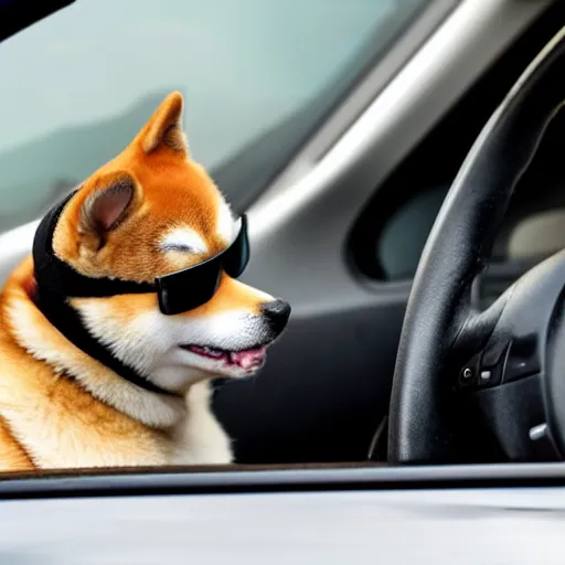 Prompt: shiba inu driving a car, hands on steering wheel, sunglasses, black beanie