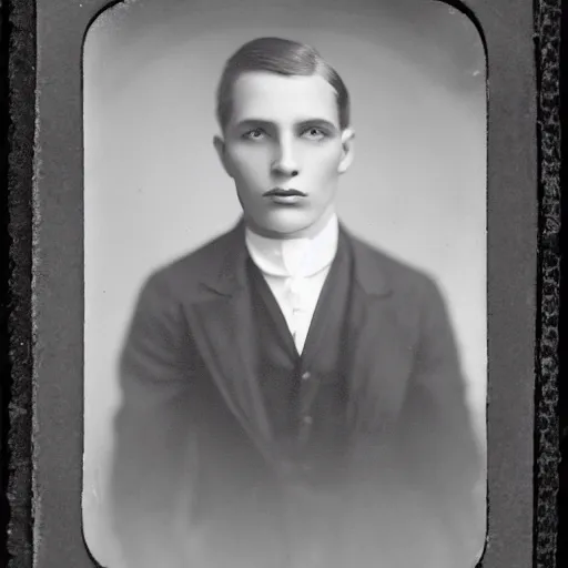 Image similar to a black and white photo of a young man, a character portrait by henry justice ford, tumblr, 1 9 2 0 s, studio portrait, tintype photograph