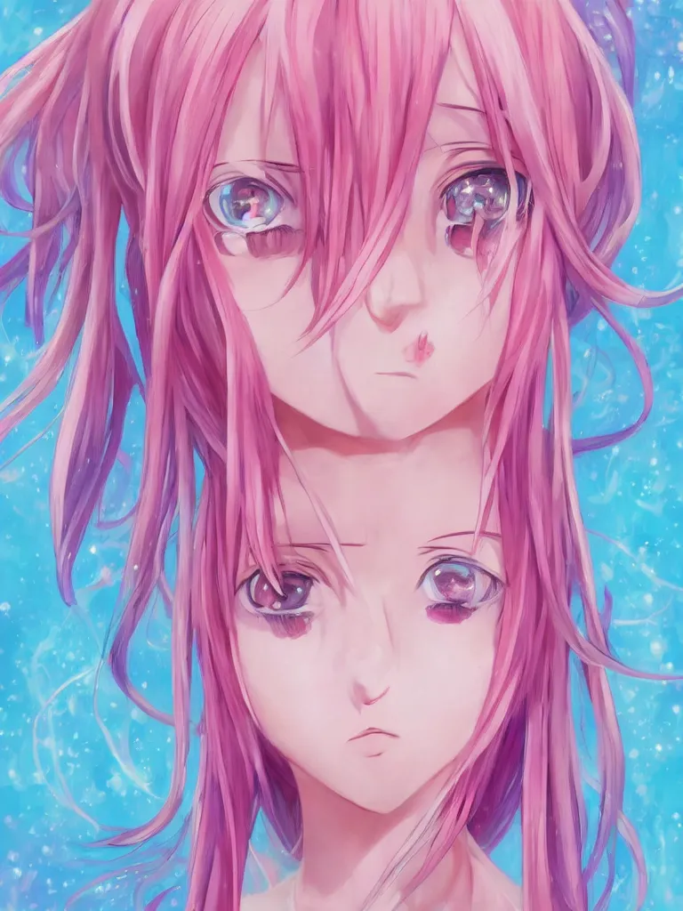 Prompt: beautiful painting of an anime girl, cute, pink hair, symmetrical face, symmetrical eyes, two identical symmetrical eyes, beautiful girl, artstation, trending on artstation, gorgeous, smooth skin, cutie, long hair, happy, smiling, fantasy style, pastel colors, pastel background