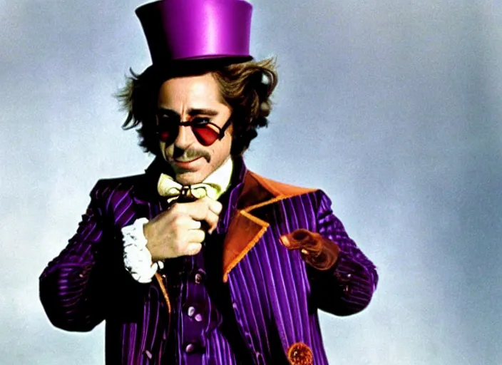 Image similar to film still of Robert Downey Jr as Willy Wonka in Willy Wonka and the Chocolate Factory 1971